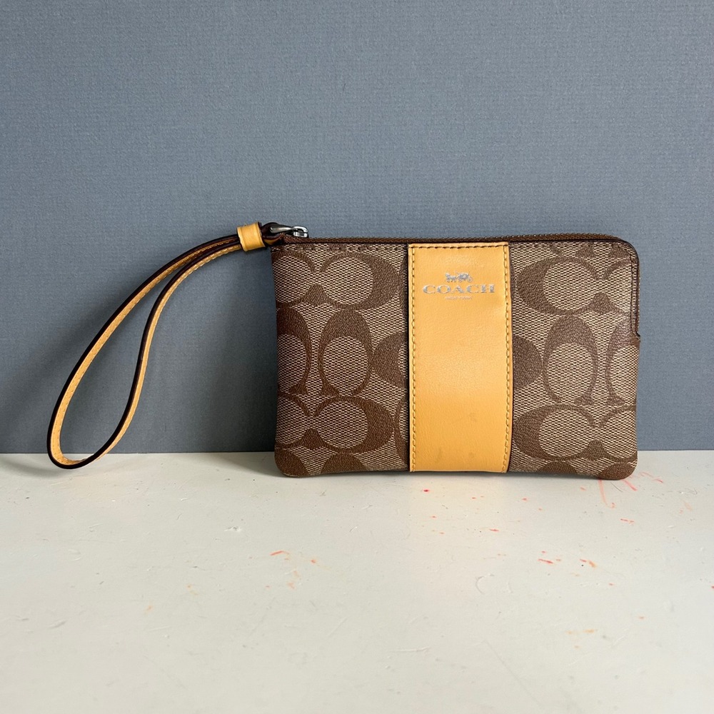 Coach Corner Zip Wristlet Signature Canvas Brown Ochre Yellow F58035 - Picture 2 of 10
